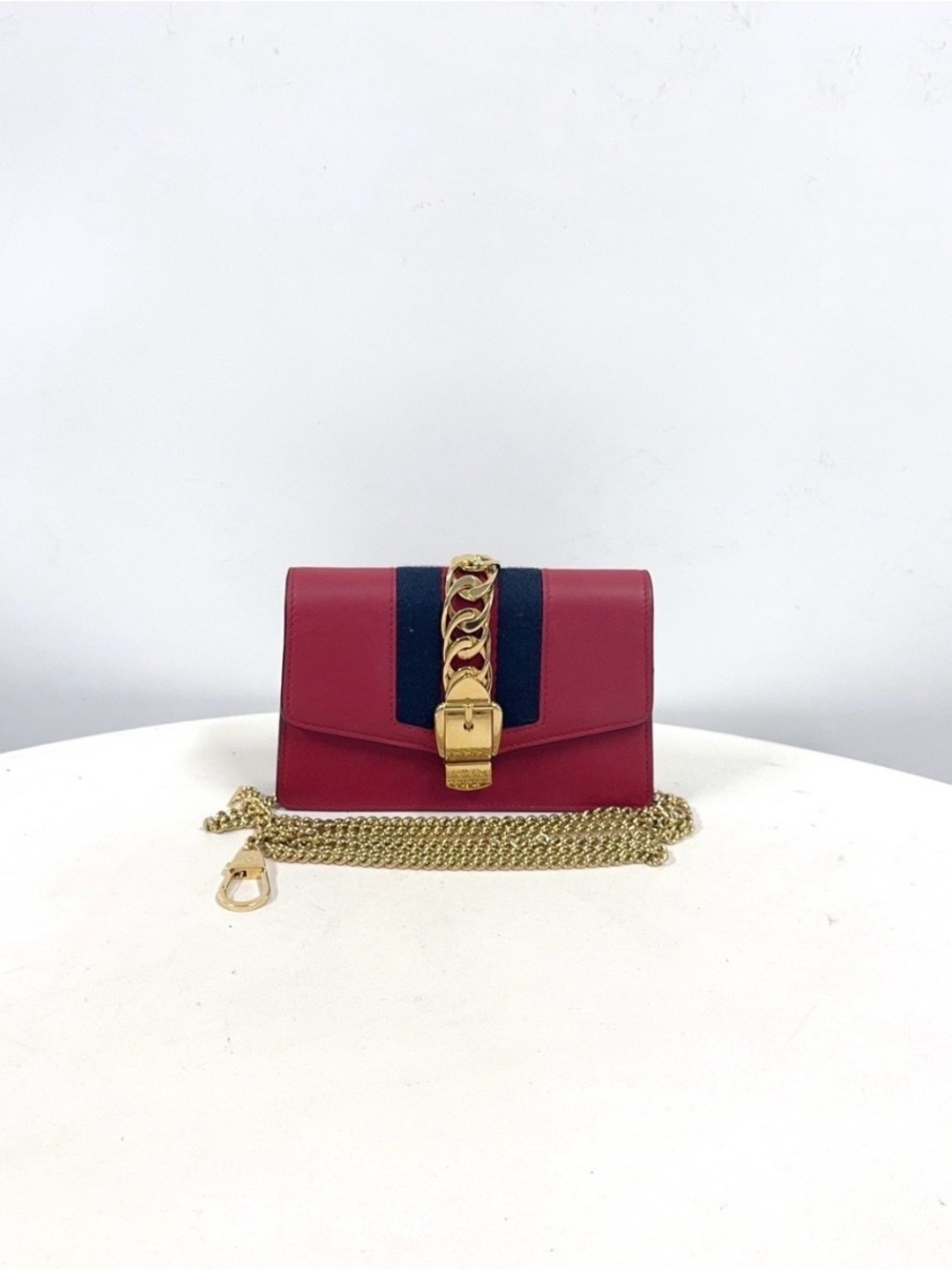 Gucci Red Leather Crossbody with Navy Stripe and Gold Chain
